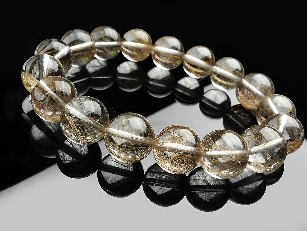 Genuine Natural Silver Rutilated Quartz Crystal Round Beads Bracelet AAA 13mm
