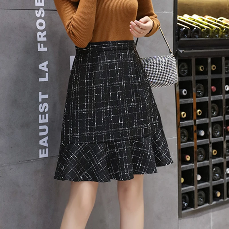 Юбка женская твидовая в клетку винтажная свободная шерстяная юбка-Русалка