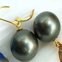 16mm round black shell pearl earrings 18k hook chic flawless aurora gorgeous wedding hand made huge