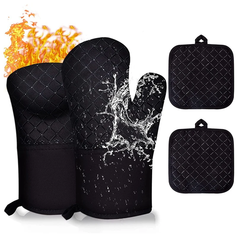 

Practical Oven Gloves, 300 °C Pot Holder & Oven Gloves, Set of 4,Cooking Gloves, Heat Resistant, Silicone Long Oven Gloves,Kitch