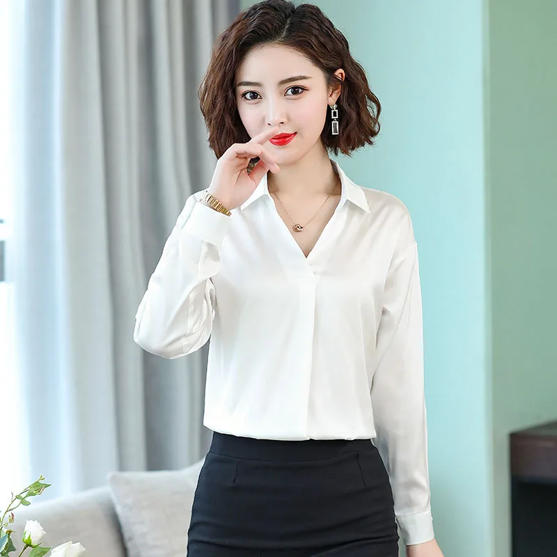 Корейские модные шелковые женские блузки атласные осенние розовые рубашки плюс