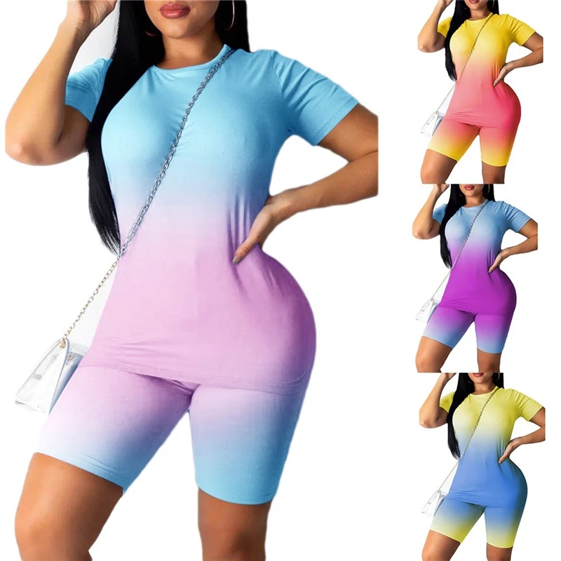 

2020 Women Sports Suit 2PCS/Set Neon Top Short Pants Workout Clothes Tracksuit Fashion Summer Outfit Ladies Casual 2 Piece Set