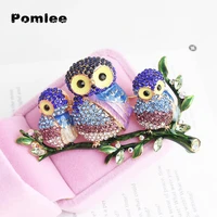 pomlee 2 colors full rhinestone family owls brooches for women fashion stand branch bird party office brooch pin gifts whosales