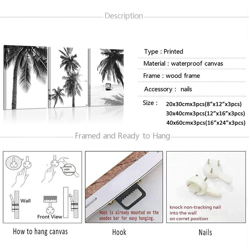 Palm Tree Prints Set of 3 Wall Art Tropical Beach Decoration Picture Black and White Landscape Canvas Painting Poster Home | Дом и сад