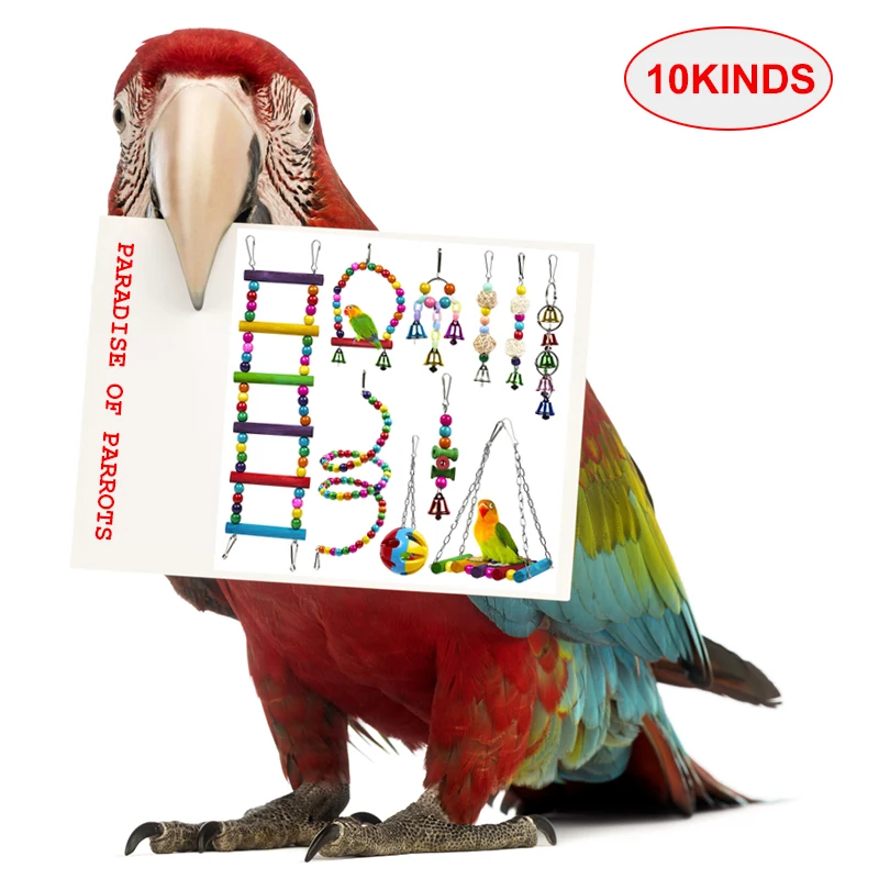 

10 Piece Set Parrots Of Toys Birds Swing Stand Hanging Bridge Chewable Rotating Ladder Wooden Beads Balls Bell Chewing Bite Toys