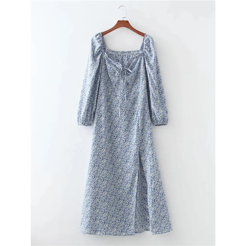 

Платье женское длинное с цветочным принтом, элегантное шикарное винтажное голубое платье с квадратным воротником и пышными рукавами, с зав...