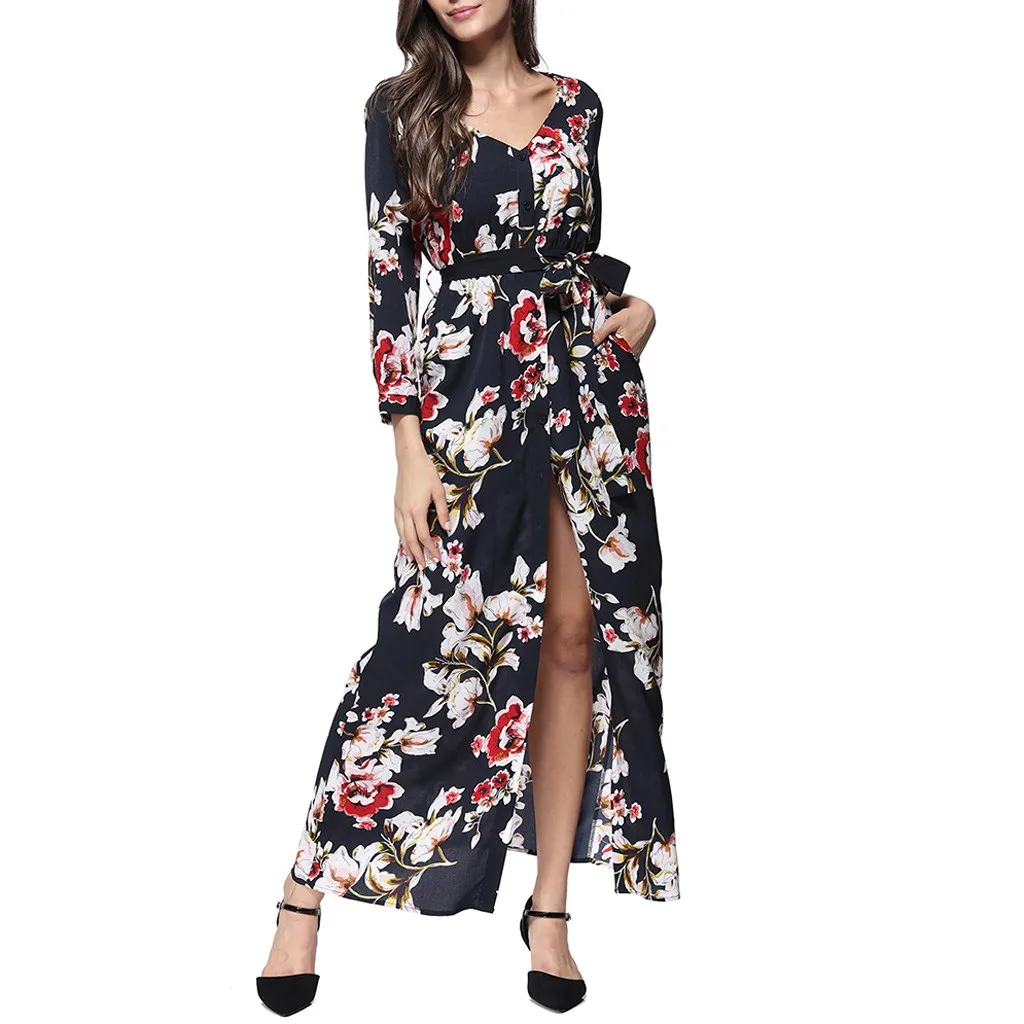 Женское платье с цветочным принтом и длинным рукавом в стиле бохо женское