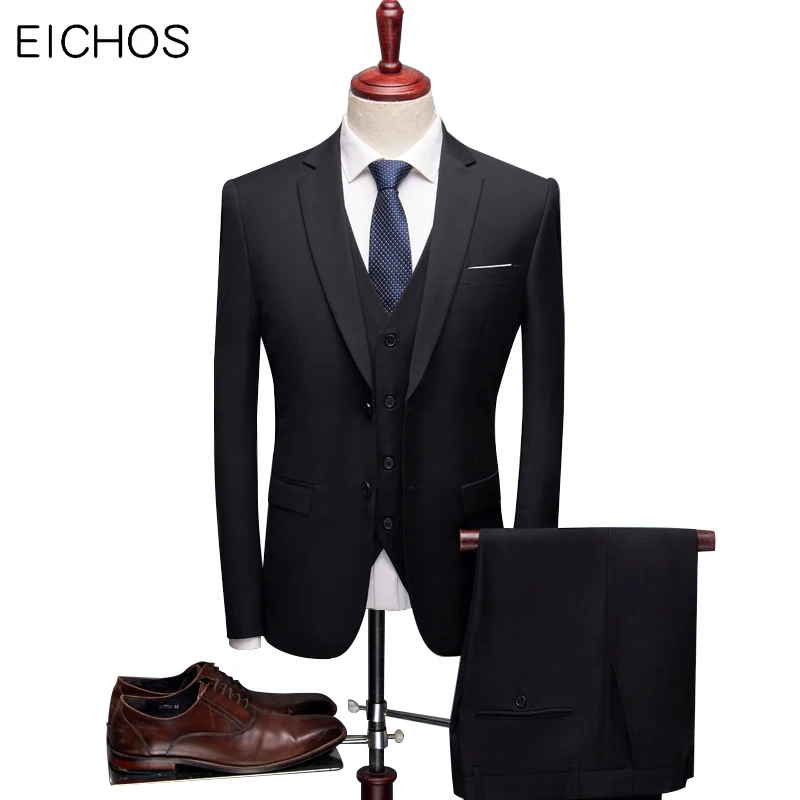 Мужской облегающий костюм из трех предметов черный смокинг на пуговицах куртка