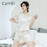 caiyier 2020 summer silk pajamas set for women peach heart print nightwear sexy lingere sleepwear suit plus size homewear m 5xl