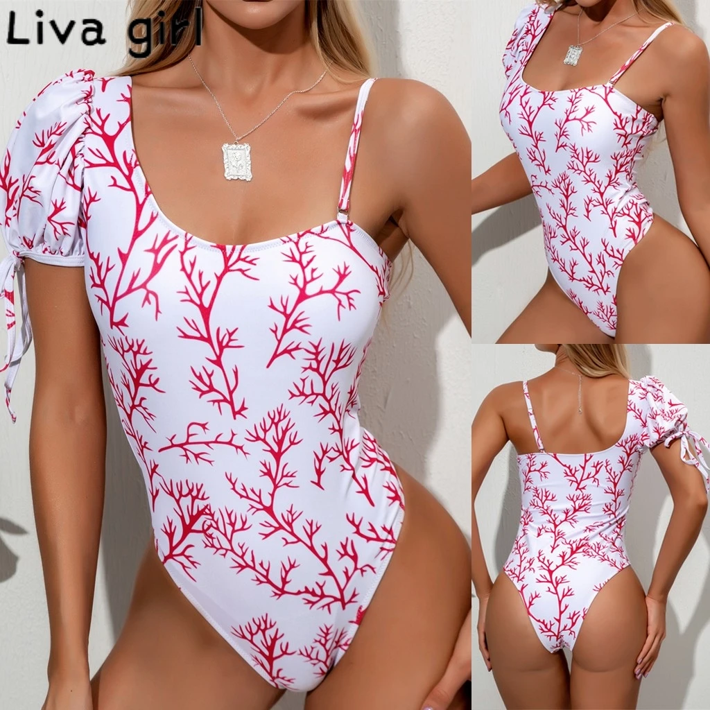 Цельный купальный костюм с рукавами пузырьками для девочек Liva принтом женский