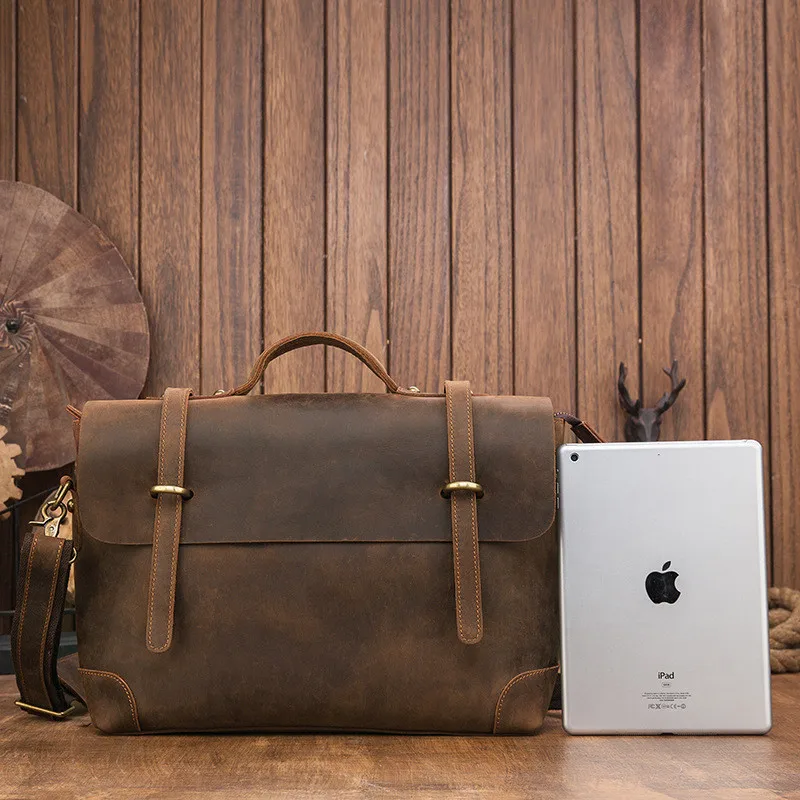 Retro simple designer natural crazy horse cowhide men's briefcase business luxury genuine leather work laptop messenger bag