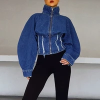 fall 2021 new stand collar zipper frayed high waist short denim jacket womens fashion high street high quality blue retrojacket