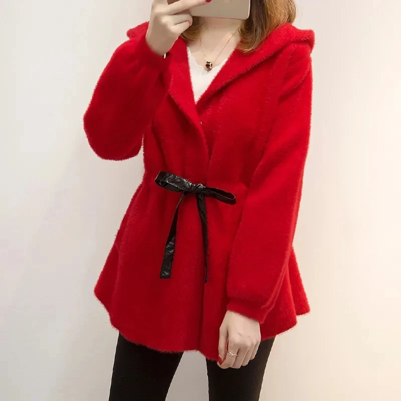 Женский флисовый кардиган с капюшоном повседневный однотонный вязаный из мягкой