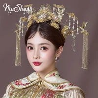 niushuya retro chinese style ancient bridal gold headdress with earrings women princess wedding jewelry stage hair accessories