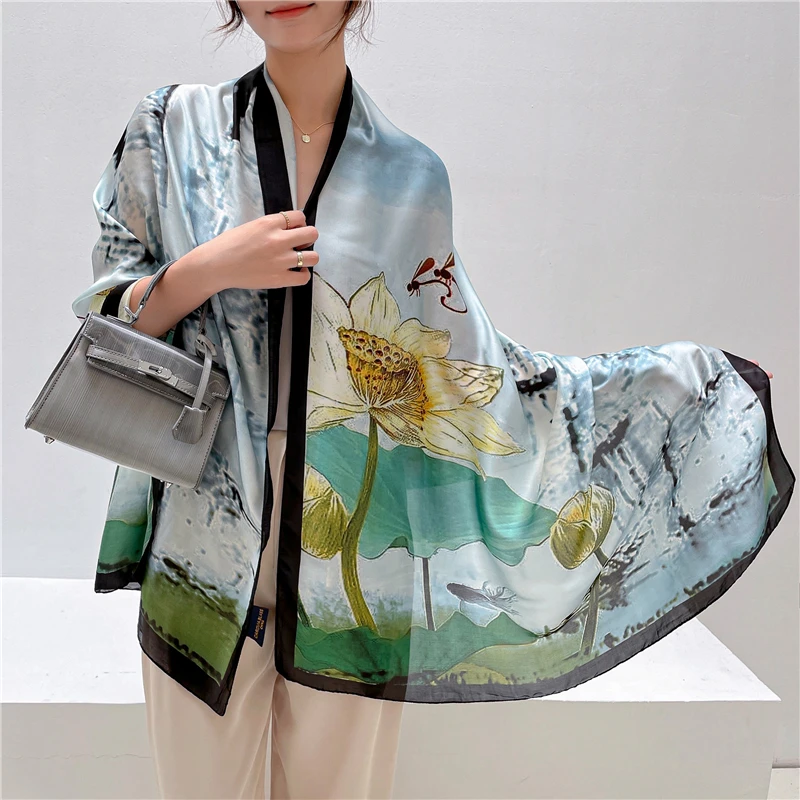 

Silk Headband Scarf for Women Print Floral Luxury Shawl and Wraps Hijab Female Large Neckerchief Bandana Autumn Foulard 180*90cm