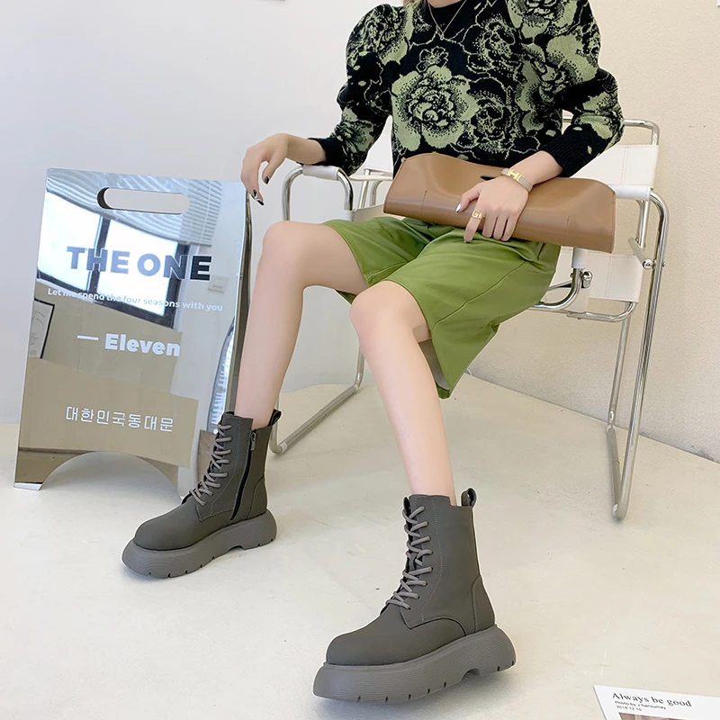 

Осень 2021, женские ботинки на массивном каблуке, повседневные ботинки на шнуровке и молнии, женские модные дизайнерские мотоциклетные ботин...