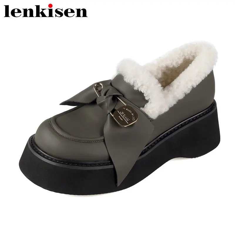 

Милые Лоферы Lenkisen из натуральной кожи с круглым носком и металлической пряжкой на толстой подошве и высоком каблуке с бантом-бабочкой зимни...