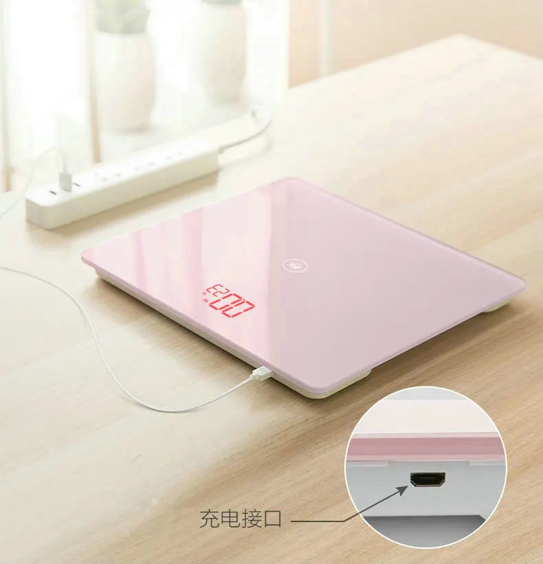 

Электронные весы DE50TZC, электронный Высокоточный розовый прибор для измерения массы, со стеклянной крышкой, с Usb разъемом, для ванной комнаты