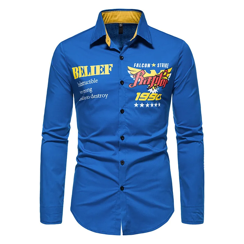 

2022 Spring and Autumn Men's Casual Retro Eagle Printed Long Sleeve Shirt