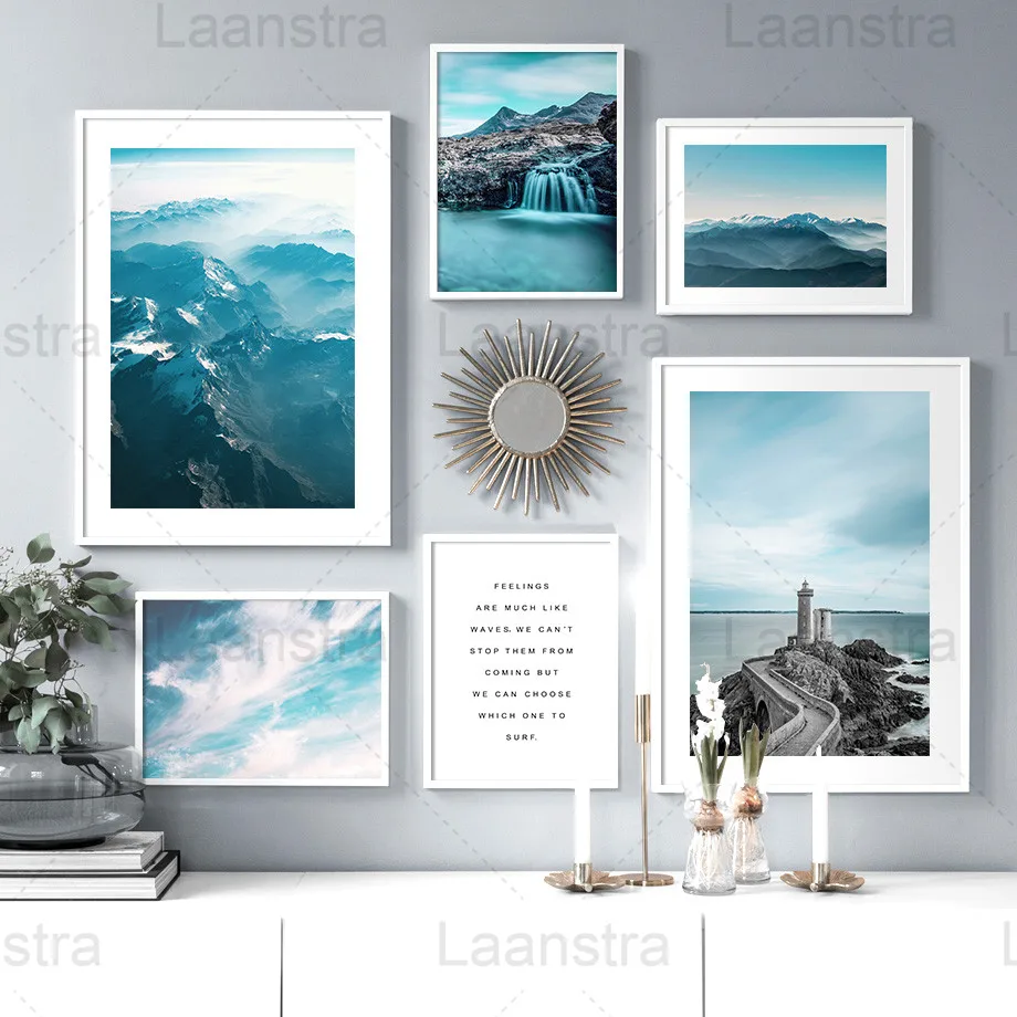 

Quiet Blue Canvas Painting Mountains and Clouds Posters and Prints Ocean Peer Room Decor Sky Home Decoration Wall Picture Art