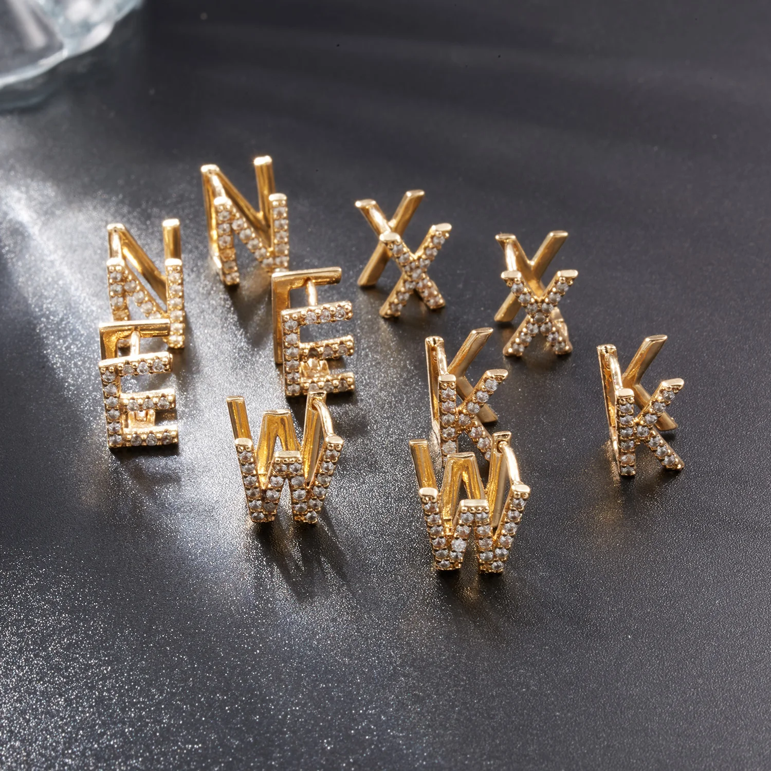 

1 Pair A-Z Letters Stud Earrings Women Gold Color Rhinestone Zirconia Jewelry Alphabet Double Layer Pierced Ear Clip Earring