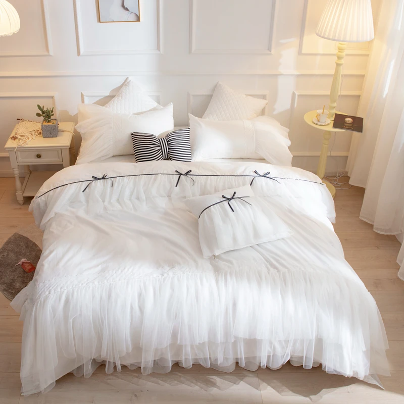 

100% Pure Cotton Bedding Set With Bed skirt Single/Queen/King Size couvre lit de luxer Solid Color Duvet Cover Sets For Adult