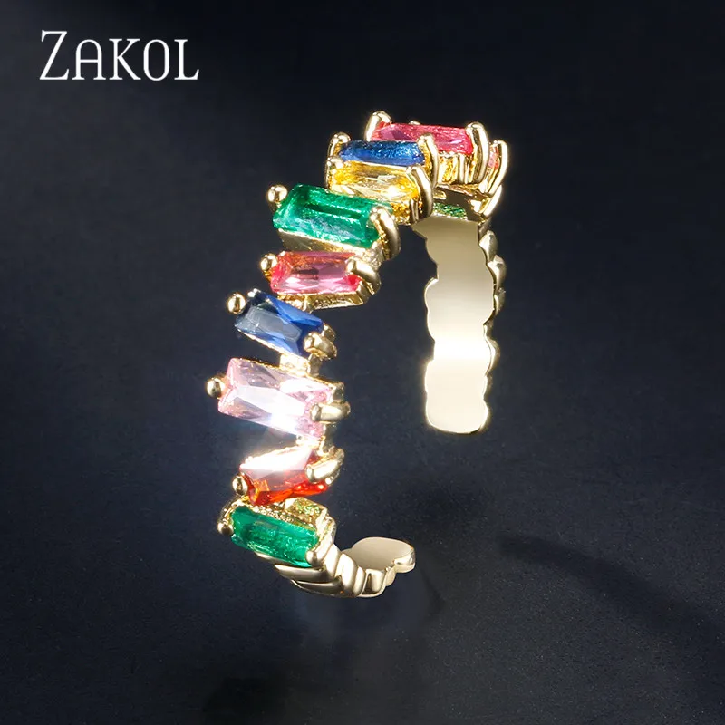 ZAKOL, европейский стиль, регулируемые кольца, талисманы, Женские Ювелирные изделия, уникальный прямоугольник, кубический циркон, кольца на палец для свадьбы, FSRP2003 - Цвет основного камня: Mutilcolor Gold