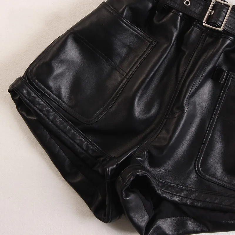 Pink Genuine Leather Shorts Women Casual Elastic High Waist Wide Leg A-Line Shorts Autumn Winter Pocket Loose Sheepskin Shorts