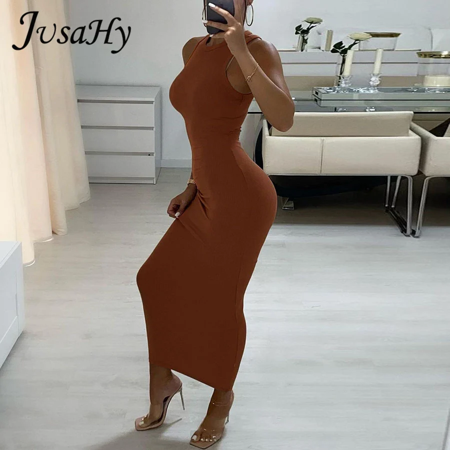 

JuSaHy Solid Skinny Maxi Dress Women Basic Simple Robe Skirt Sleeveless Body-Shaping Elegant Casual Vestido Female Clothing
