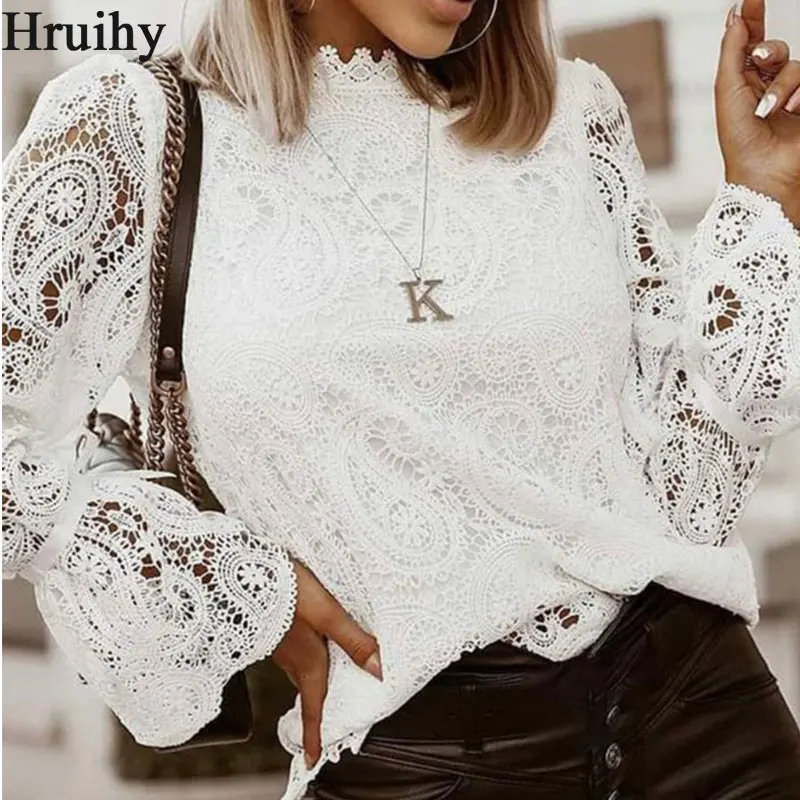 

Dropshipping Blouse Women Solid Lantern Sleeve Sexy Elegant Lace Tops for Women Office Lady Party Club Vintage Korean Style
