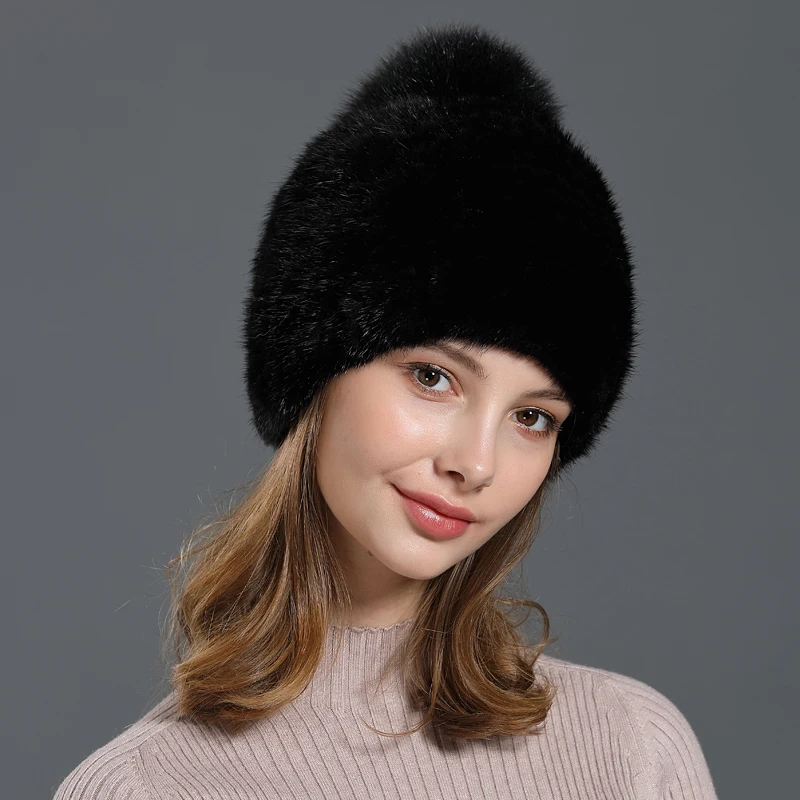 Зимние женские шапки шапка с лисьим помпоном эластичные вязаные облегающие