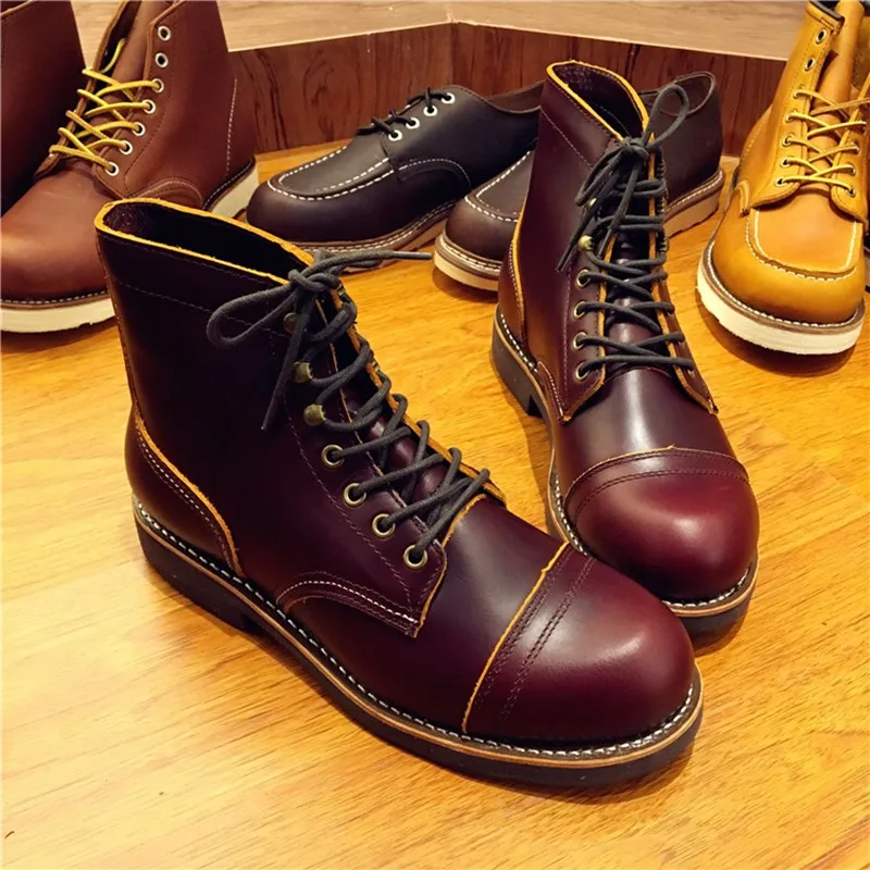 Handmade Genuine Leather Original Unisex Spring Winter Boots Men Wing Motorcycle Fashion Work Wedding Wine Red Color | Обувь
