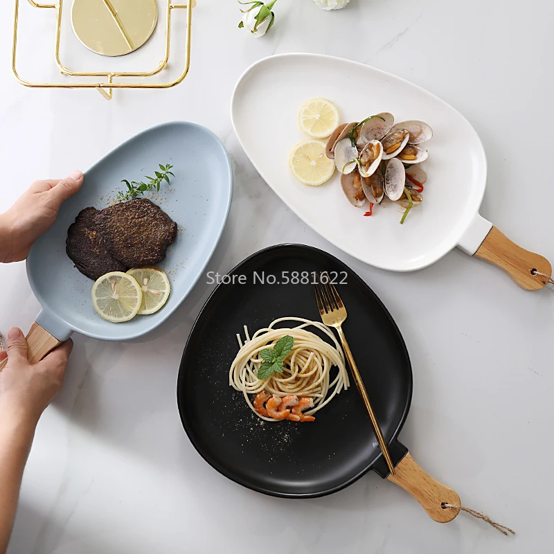 

Simple Dinner Plate with Wood Handle Home Ceramic Tableware Western Food Plate Steak Dessert Plate Ramen Tray Dinner Plate