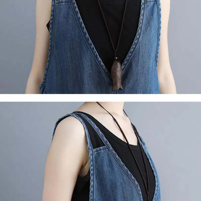 Комбинезон женский джинсовый без рукавов однотонный свободный Ромпер из денима