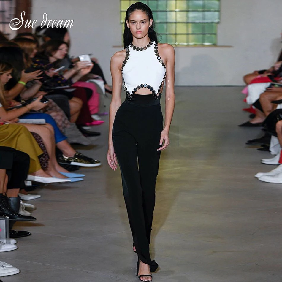 Новый модный сексуальный черно белый комбинезон с блестками вышивкой и открытой