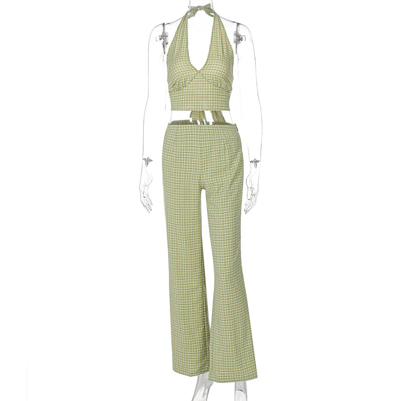 

Women's Suits 2021 Summer Street Trendsetter Fashion Short Lace Up V-neck Vest Straight Check Pants Suit Zaraing-Style ZA