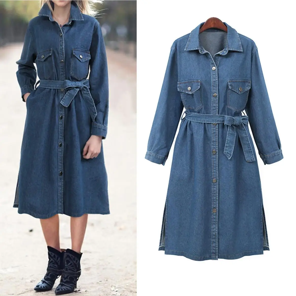 L-4XL Autumn Women Plus size Denim Trench Coat Female Button Casual Blue Overalls Pocket Big Large Size Long Coats | Женская одежда