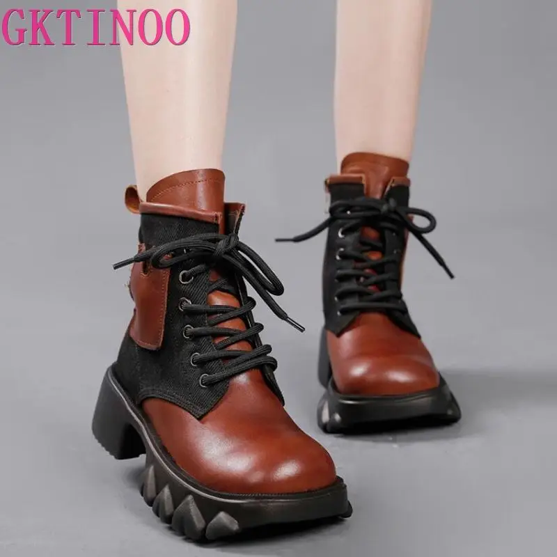 

GKTINOO Women Ankle Boots Winter 2021 New Genuine Leather Shoes Zip Round Toe Wedges Retro Mixed Colors Platform Short Boots