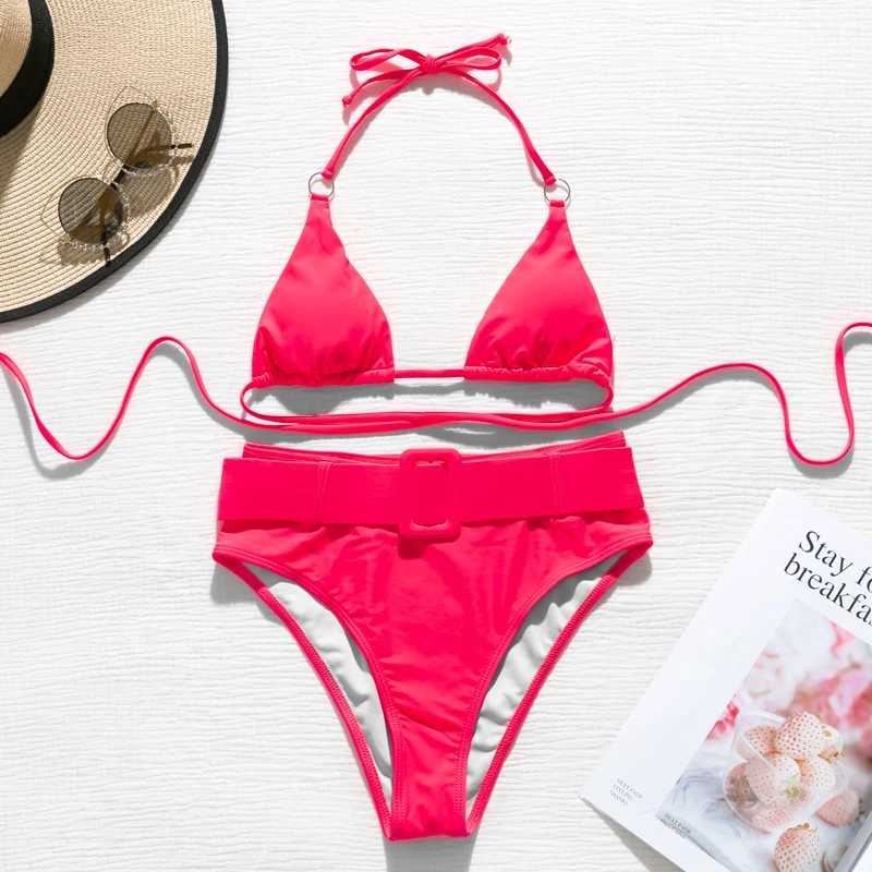 Neon pink two pieces bikini set High waist bathing suit Halter swimwear women String bandage swimsuit female biquini 2020 new | Спорт и