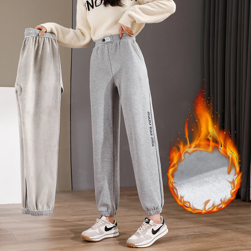 

Женские теплые бархатные тренировочные штаны с высокой талией, свободные штаны с вышивкой, хлопковые брюки, женские штаны