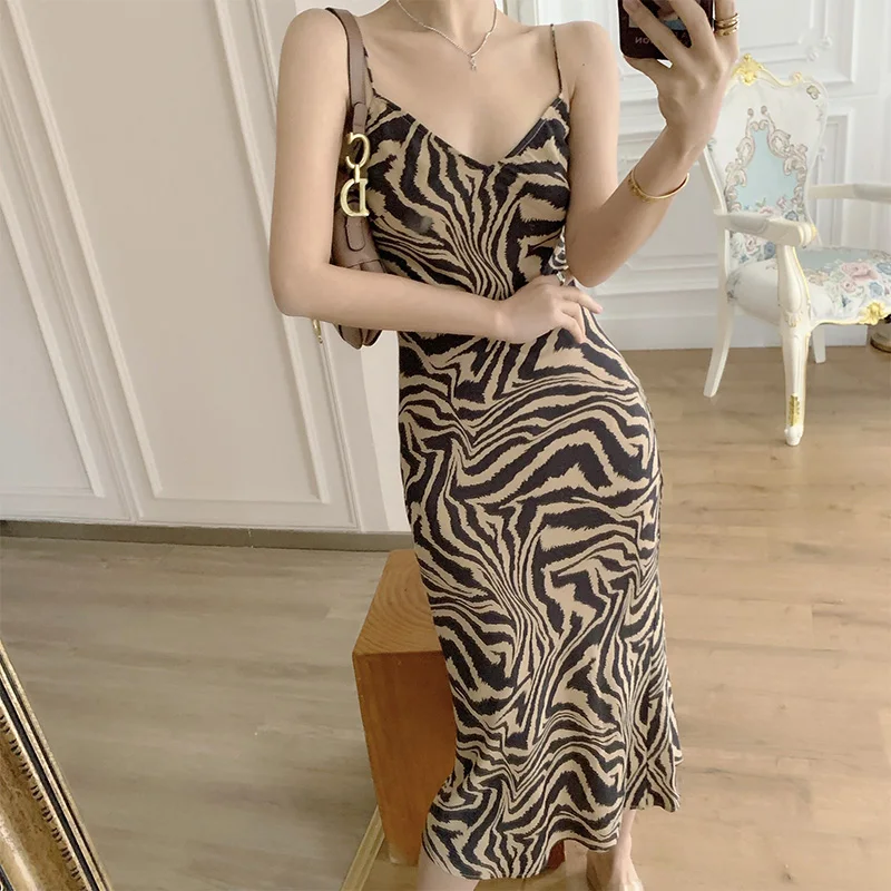 

Women New 2021 Zebra Print Sling Dress Sexy Summer Ladies Sleeveless Night Clubwear Bodycon Vestidos FC845