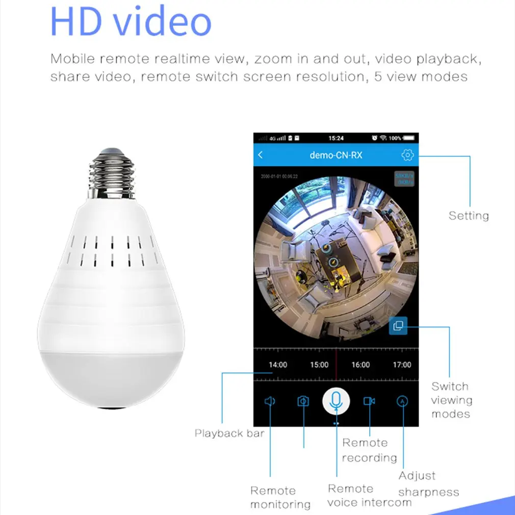 

HD 360 ° панорамная Беспроводная IP-камера 960P лампочсветильник для домашней безопасности видеокамера Беспроводная CCTV-камера наблюдения «рыби...