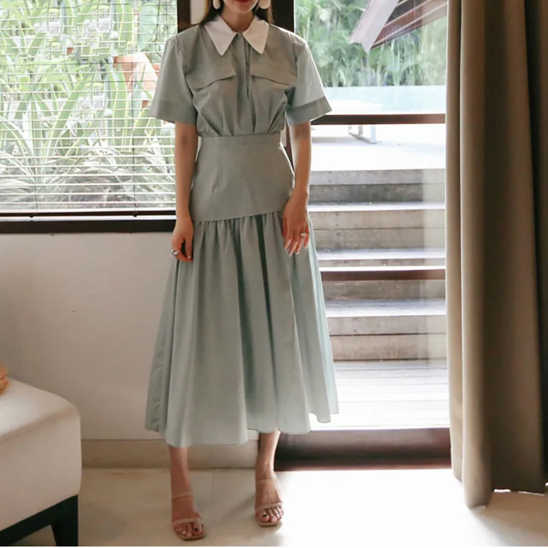 Корейское летнее новое женское длинное платье хлопковое приталенное с высокой