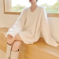 dimi women v neck soft warm thick knitted loose pullover fashion oversized autumn winter mink cashmere soft sweater lazy style