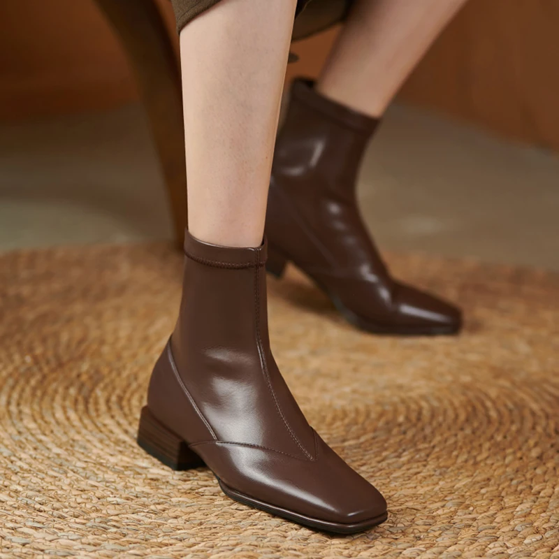 

Women Ankle Boots Low Block Heels Slip-on Stretchy Black Brown Booties Microfiber Leather Shoes Modern Boots Woman Big Size 43