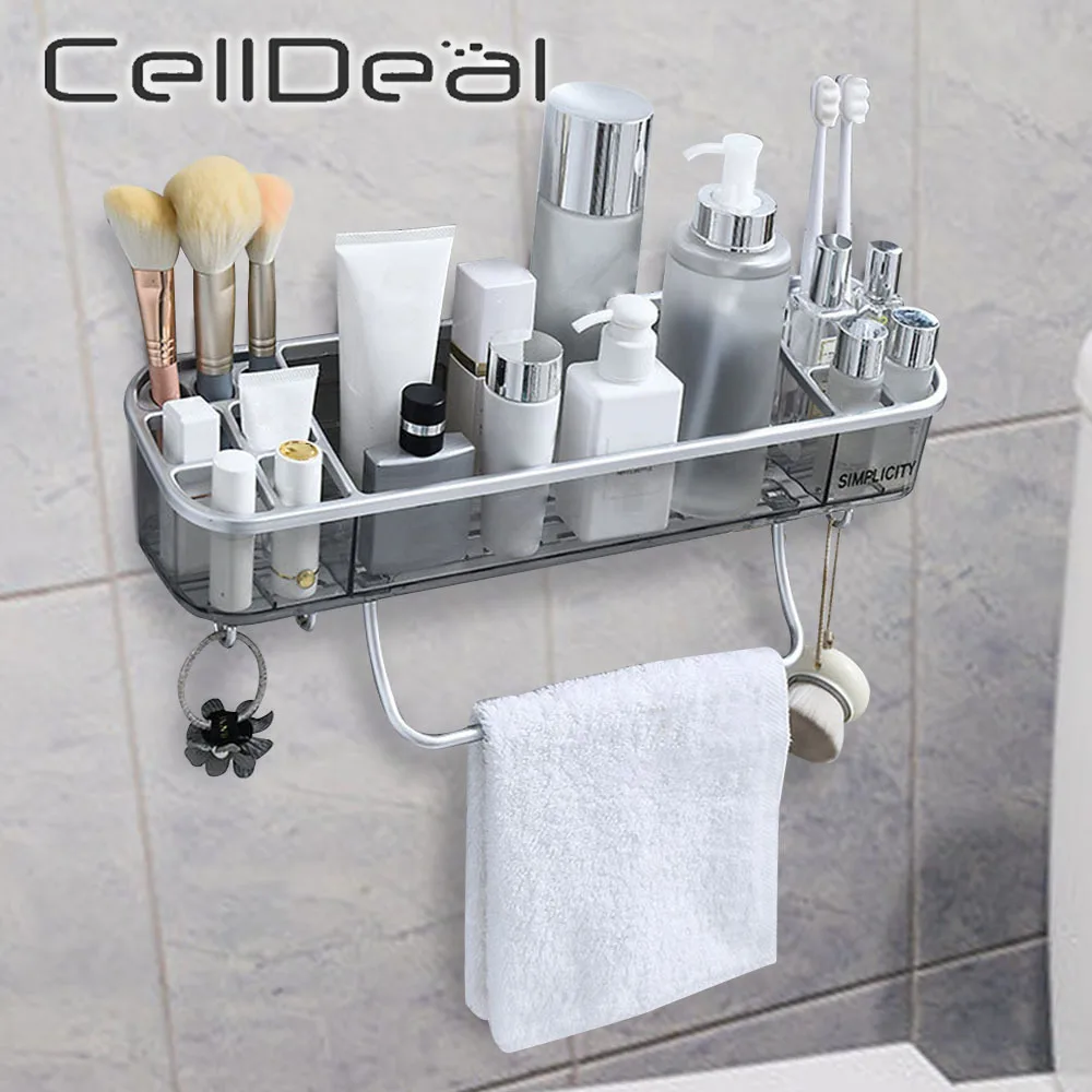 

Bathroom Shelf Shower Wall Mount Shampoo Rack With Towel Bar No Drilling Kitchen Toilet Storage Rack Bathroom Accessories