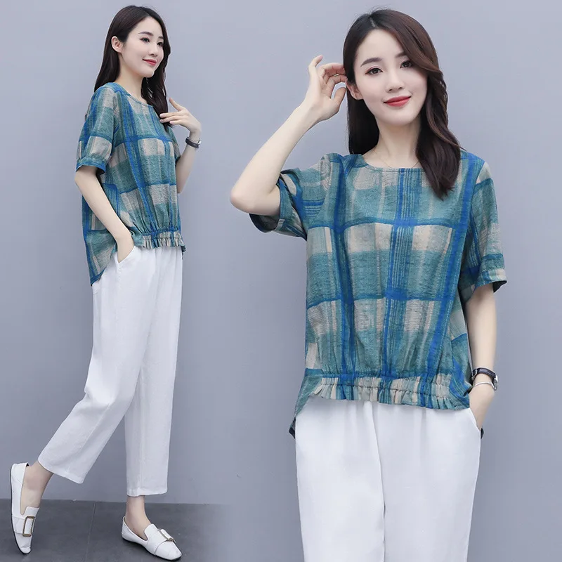 

футболка Women's Shirts Pants Suit Plaid Cotton Top Cotton Fabric Pants Fashion Casual Short Sleeve Summer Suit Female Clothing