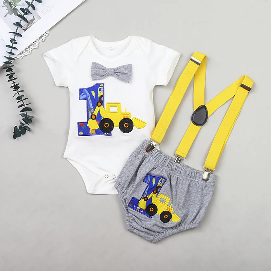 

1 Year Old Baby Boy Clothes Set 1st Romper Straps Shorts Summer Baby Boy Clothing 2PCS Outfits Birthday Clothes For Newborns