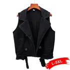 Женская Короткая Джинсовая безрукавка, двубортный черный жилет большого размера 4XL, 5XL в Корейском стиле, короткая джинсовая куртка-бомбер без рукавов на лето