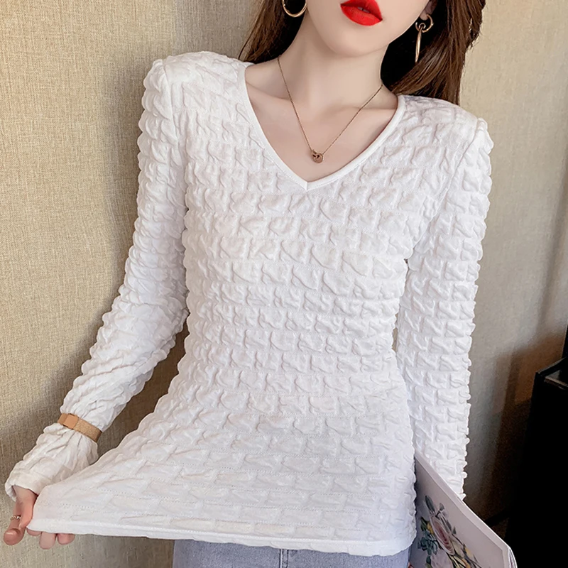 

BOBOKATEER 2021 Long Sleeve T Shirt White Mujer Camisetas Women Clothes Plus Size Woman Tshirts V-Neck Femme T-shirty Damskie